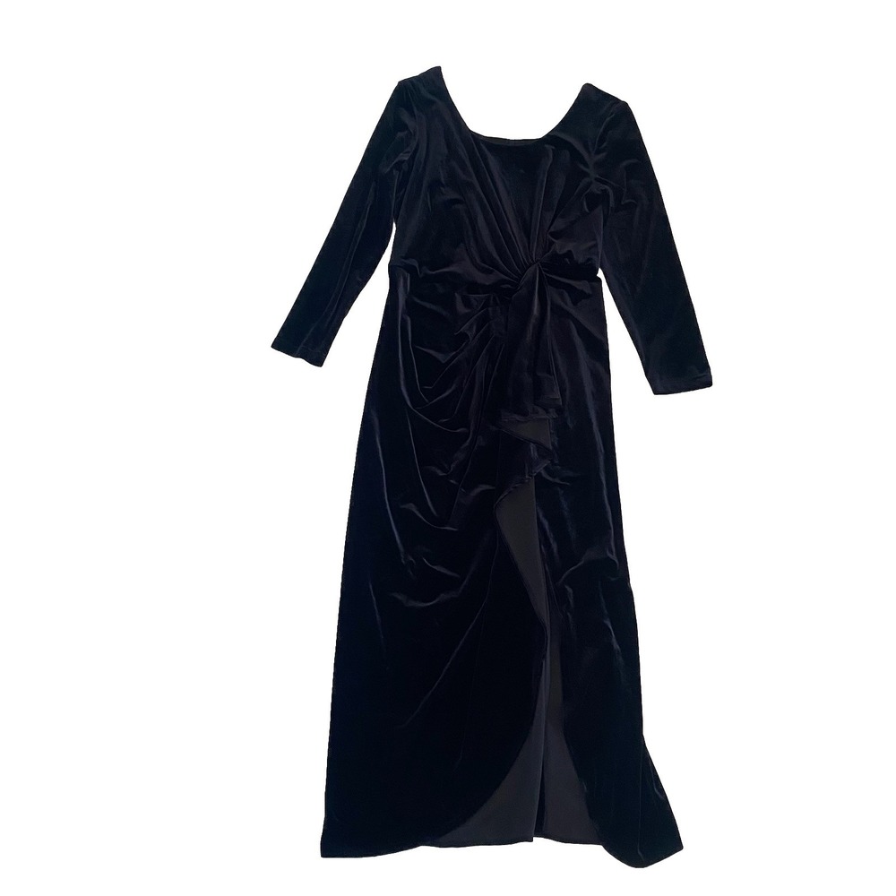 VTG Jeffrey & Dara Sz 16 Velvet‎ Black Dress Leg Slit Tom Barra Long Sleeve EUC